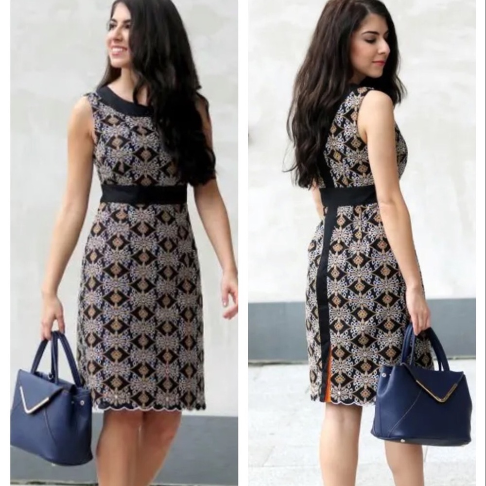 Anthropologie HD in Paris Embroidered Bodycon Black Brown Women Dress size 4